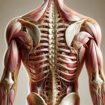 AI-generated illustration of the anatomy of the human back, showing the internal physiognomy.