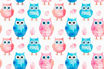 Funny and colorful owls in pink and blue tones on a white background create a cute and playful seamless pattern for children's goods and decor