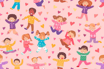 Playful children's seamless pattern with cute kids jumping and hearts on a pink background, perfect for joyful decorations and fun designs