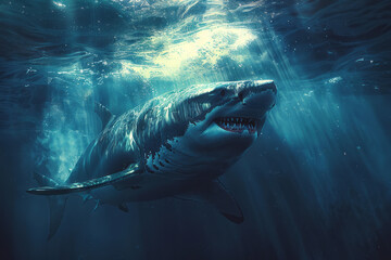Illustration of a shark with deep, dark blue waves, representing its overwhelming sense of entrapment and isolation,