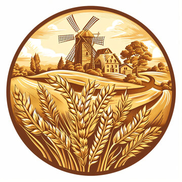 recommend clip art: Rural landscape with windmill and village. Farm and wheat field with harvest. Autumn nature. Illustration in vintage engraving style for design banner, logo, poster, flyer