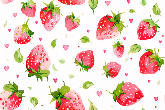 Charming strawberry seamless pattern with pink and red strawberries, green leaves, and small hearts, perfect for cute decorations and summer-themed designs