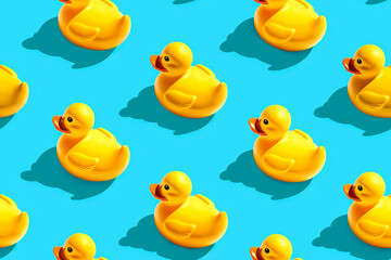 Playful rubber duck seamless pattern with yellow ducks on a bright blue background, perfect for fun decorations and children's designs