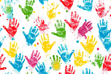 Colorful handprint seamless pattern with red, blue, green, and yellow prints on a white background, perfect for creative and playful designs