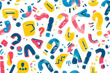 Playful punctuation mark seamless pattern with colorful question marks, exclamation points, and other symbols, perfect for fun decorations and educational designs