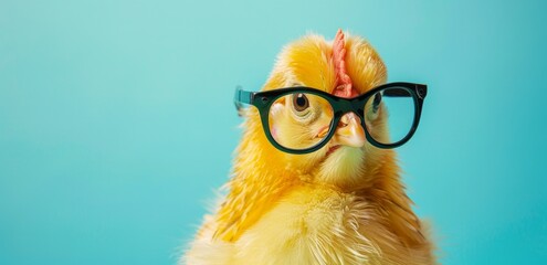 yellow chicken with glasses on its head against a bluegreen background
