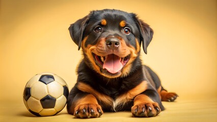 Rottweiler puppy smile play with soccerball ball on light background