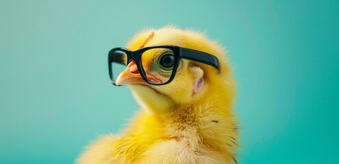 yellow chicken with glasses on its head against a bluegreen background