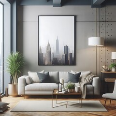 A living Room with a mockup poster empty white and with a large picture on the wall art realistic lively image has illustrative.