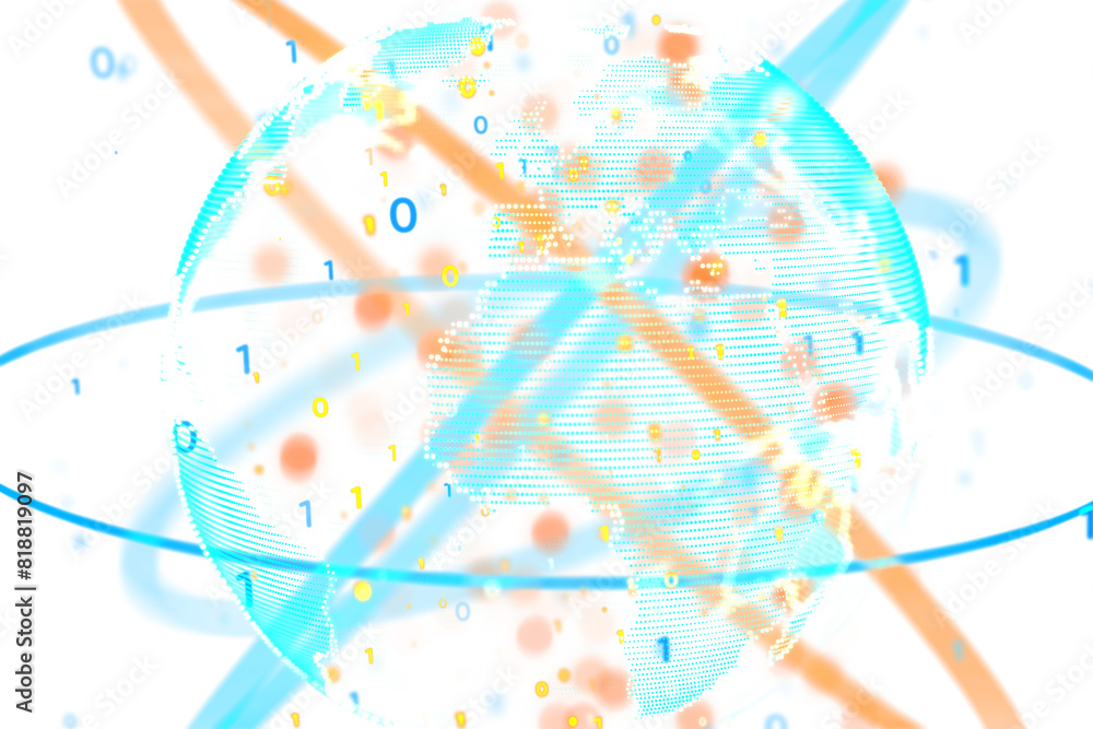 Poster Abstract digital globe with data points and connectivity lines on a blue and white background, representing global network concept