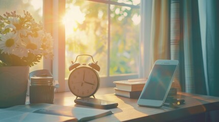 Mobile phone and alarm clock and on wooden desk near window with morning sunlight on vintage tone.