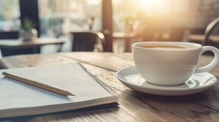 A white cup of coffee drink on notebook on wooden table with morning sunlight. Generated AI - Powered by Adobe