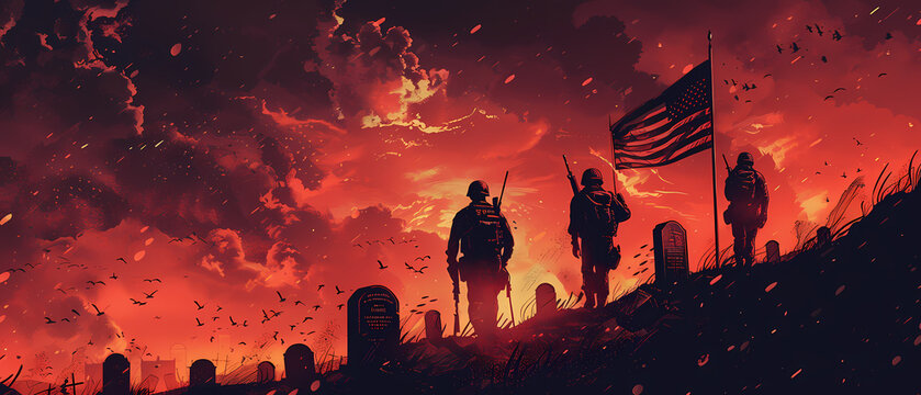 American Flags Waving Proudly in Front of Soldiers Standing by Tombs