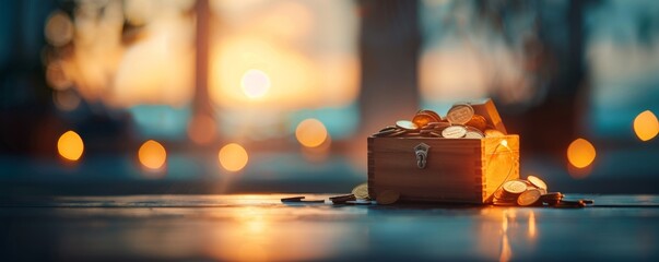 Minimalist design showing a treasure chest with coins spilling out, colorful and clear to represent financial achievements with space for text