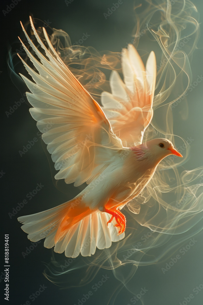 Poster dynamic image of a bird with ethereal wings, dissolving into wisps of light as it tries to take flig