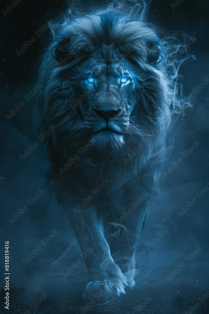 Poster illustration of a lion with a ghostly, translucent mane, its form fading into the mist as it steps f