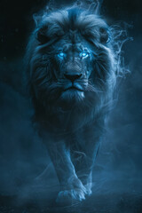Illustration of a lion with a ghostly, translucent mane, its form fading into the mist as it steps forward,