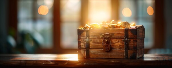 Bright and minimalistic depiction of a treasure chest with dollar signs and gold bars, symbolizing...