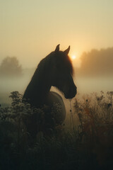 Artistic portrayal of a horse with a ghostly mane and tail, its body fading into the morning mist,