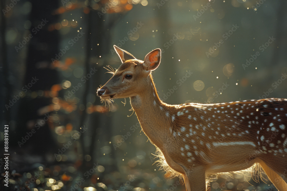 Poster artistic depiction of a deer with a translucent form, blending into the dappled sunlight of the fore