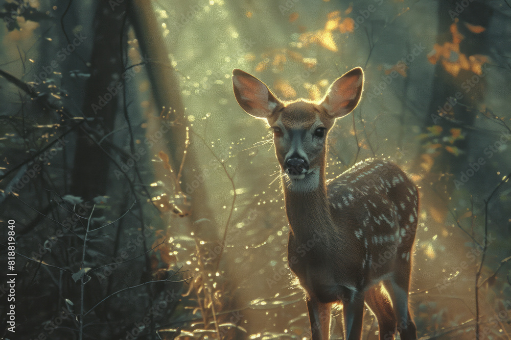 Poster artistic depiction of a deer with a translucent form, blending into the dappled sunlight of the fore
