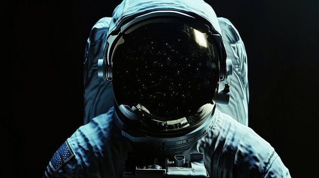 An astronaut in a spacesuit in which space is reflected. Universal darkness vantablack
