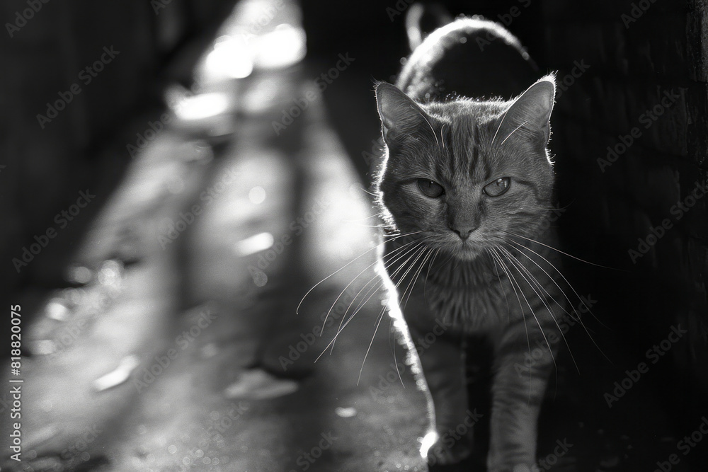 Poster dynamic image of a cat with a spectral form, slipping into the shadows of the alley,