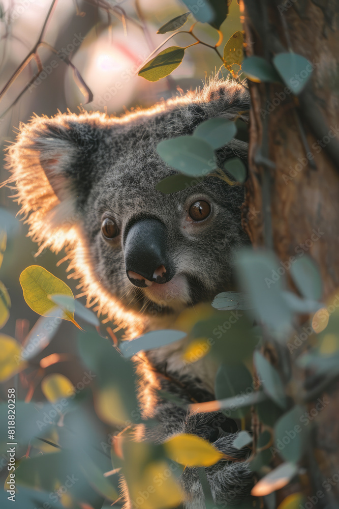 Poster abstract image of a koala with a spectral form, blending into the eucalyptus trees,