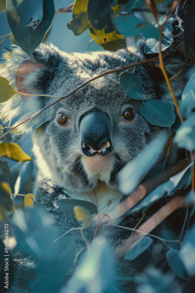 Poster abstract image of a koala with a spectral form, blending into the eucalyptus trees,