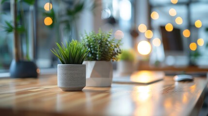 Two small potted plants sit on a wooden office desk, with a blurred background of a modern workspace with warm lighting