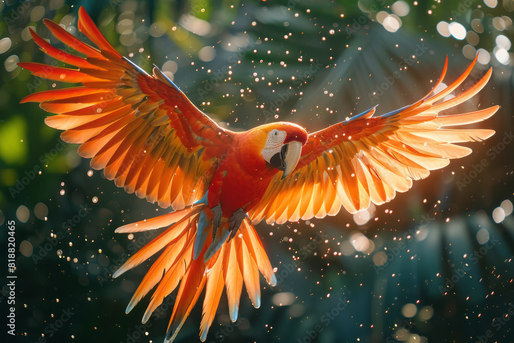 Poster dynamic image of a parrot with spectral wings, dissolving into the vibrant colors of the rainforest,
