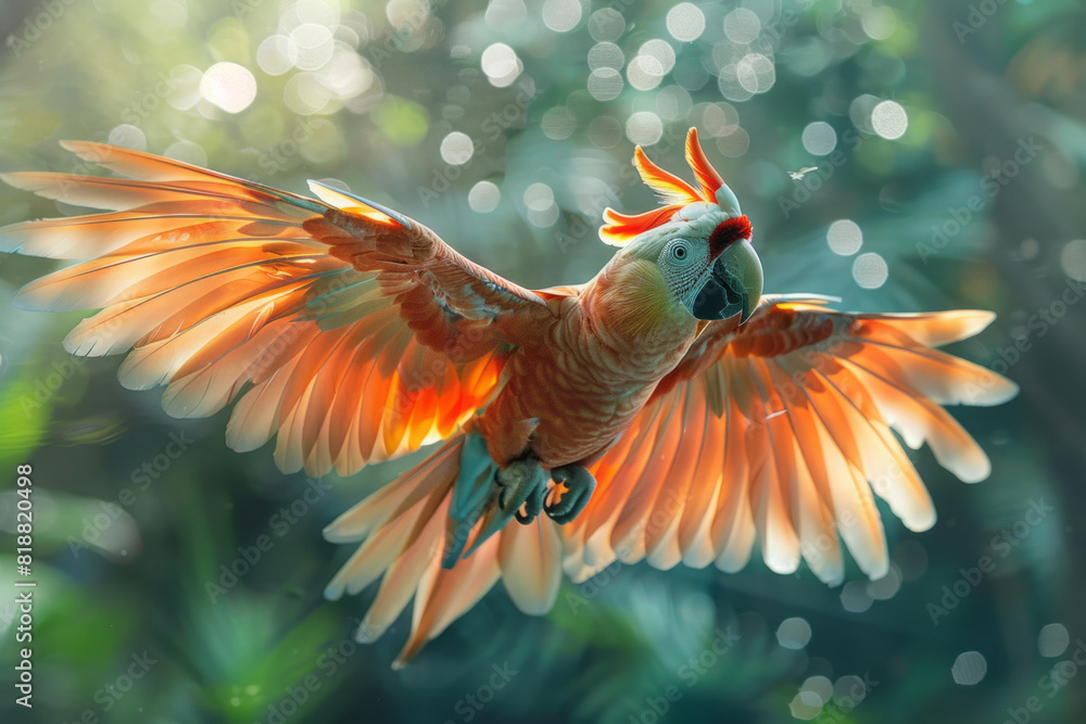 Poster dynamic image of a parrot with spectral wings, dissolving into the vibrant colors of the rainforest,