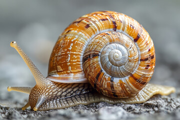 Artistic portrayal of an Otala lactea (milk snail), highlighting its cream-colored shell with dark brown spiral bands,