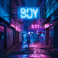 A neon signboard-style image showcasing the word 'BOY' written in bold neon letters
