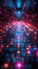 Obraz premium A computer generated image of a city street with a blue background and red lights. The lights are scattered throughout the image, creating a sense of movement and energy
