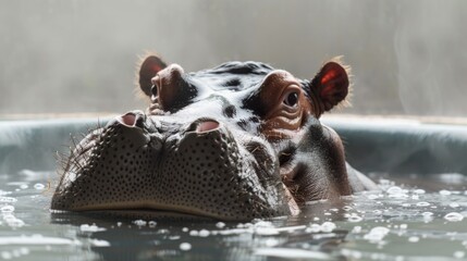 An hippopotamus takes a hot bath.