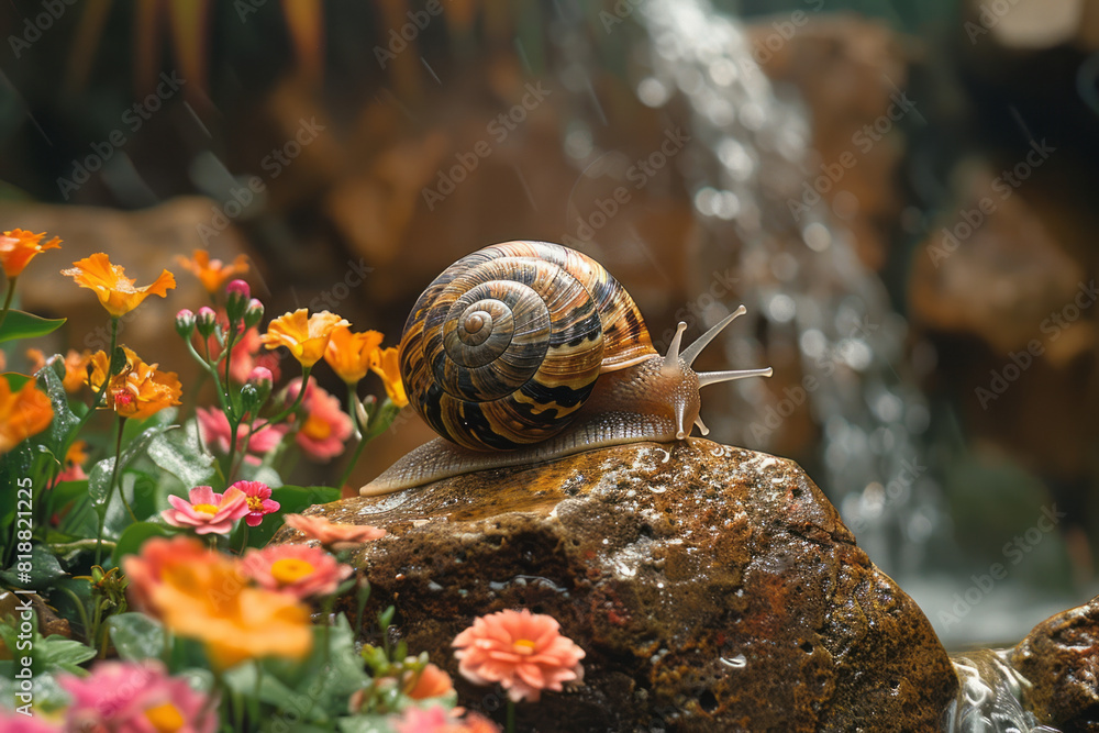 Poster artistic depiction of a snail enclosure with automated misting systems ensuring consistent moisture,