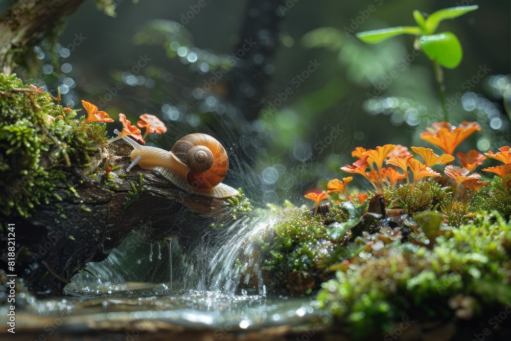 Poster artistic depiction of a snail enclosure with automated misting systems ensuring consistent moisture,