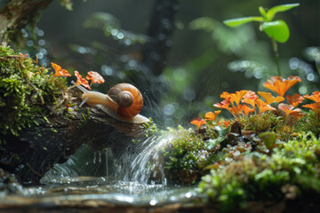 Artistic depiction of a snail enclosure with automated misting systems ensuring consistent moisture,