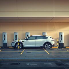Fototapeta premium Hybrid car is charging at an electric vehicle charging station. The choice of energy use is more efficient, environmentally friendly and does not produce emissions that can affect pollution