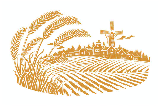 recommend clip art: Rural landscape with windmill and village. Farm and wheat field with harvest. Autumn nature. Illustration in vintage engraving style for design banner, poster, background