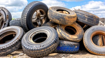Rustic Remnants: A Heap of Weathered Tires Resting on an Expansive Meadow