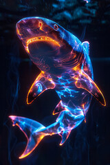 Dynamic image of a shark with sleek, neon blue lines tracing its powerful body, creating a futuristic appearance,
