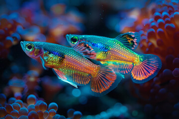 Artistic depiction of a pair of neon-outlined guppies, their tails and fins glowing in vibrant green and blue,