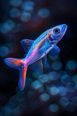 Fototapeta premium Scene of a neon tetra fish, its small body glowing with bright blue and red neon stripes,