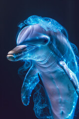 Dynamic image of a neon-outlined dolphin, its streamlined body illuminated in bright teal and white,