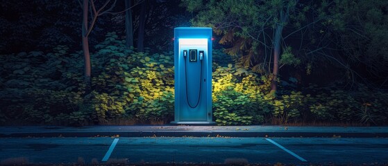 A parking meter is lit up in the dark, EV charging station