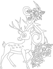 Deer and A Floral Vine Coloring Page. Printable Coloring Worksheet for Adults and Kids. Educational Resources for School and Preschool.