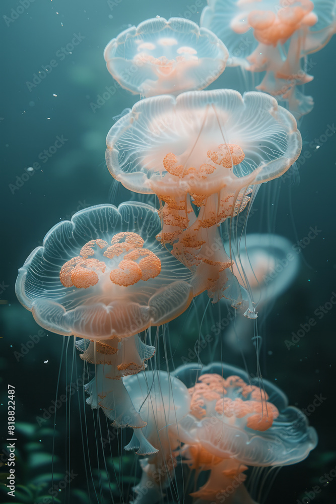 Poster scene of jellyfish floating in a way that their tentacles create the illusion of a mystical underwat