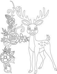 Deer and A Floral Vine Coloring Page. Printable Coloring Worksheet for Adults and Kids. Educational Resources for School and Preschool.
